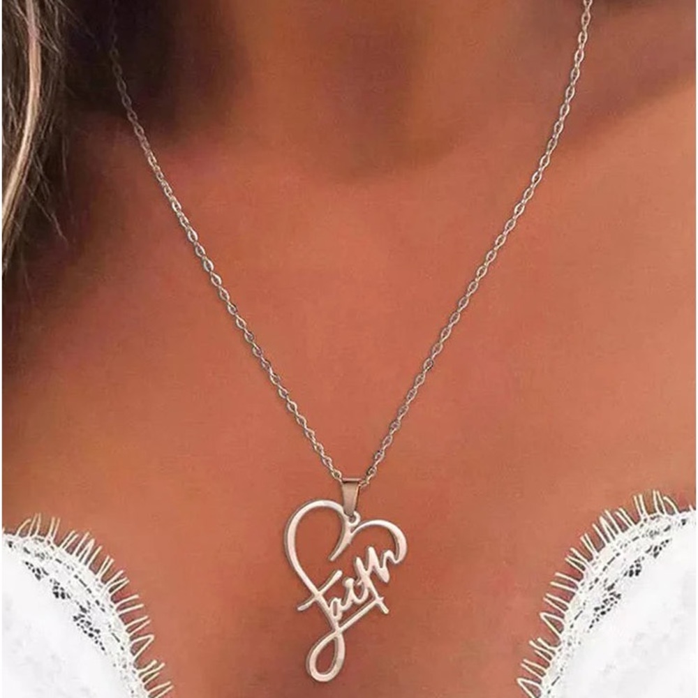 New Silver Stainless Steel Christian Faith Cursive Heart Minimalist Necklace - Picture 12 of 15